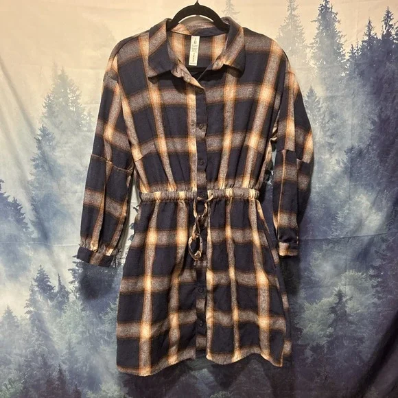 Blooming Jelly Plaid Flannel Shirt Dress With Puff Sleeves & Drawstring Waist S - Picture 2 of 7